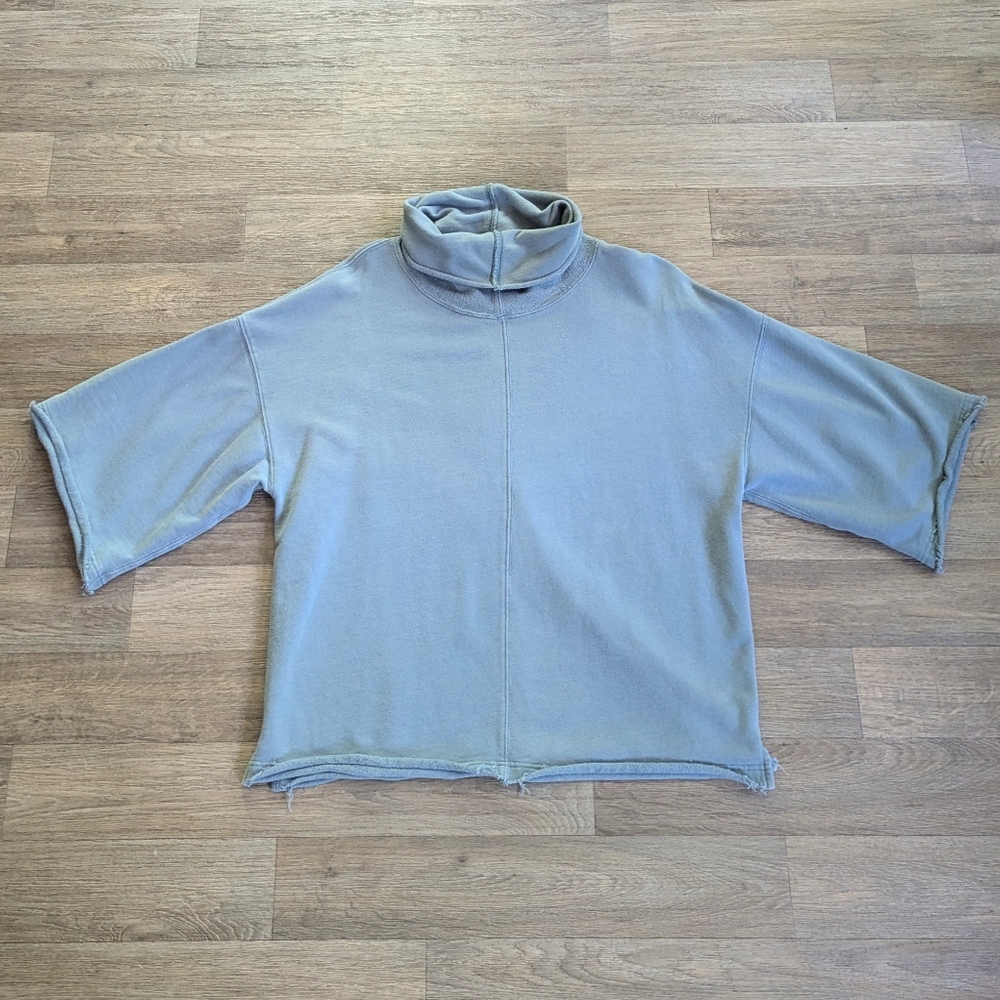 Free People Cotton Dusty Blue Turtleneck Cowlneck Sweatshirt 3/4 Sleeve Size S